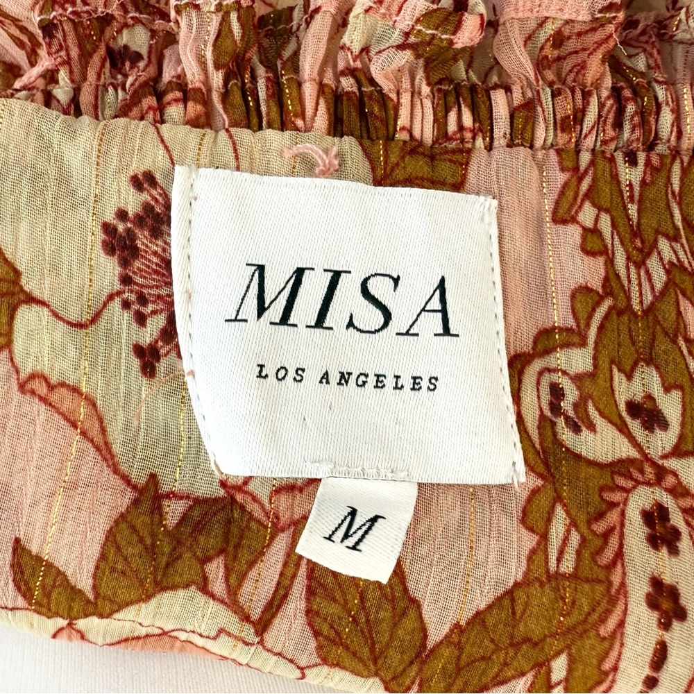 MISA VOLA PINK CREAM BROWN FLORAL RUFFLE ONE SHOULDER LONG SLEEVE MIDI DRESS - Picture 8 of 12